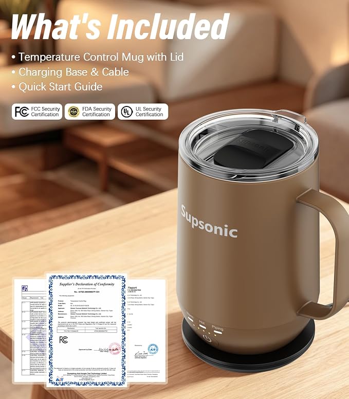 Supsonic - 16oz Self Heating Coffee Mug, Smart Heated Coffee Mug Faster Direct-Contact Heating Up to 149°F, Coffee Mug Warmer Set with Auto Shut-Off - Gifts for Men Women | S2 - Image 8
