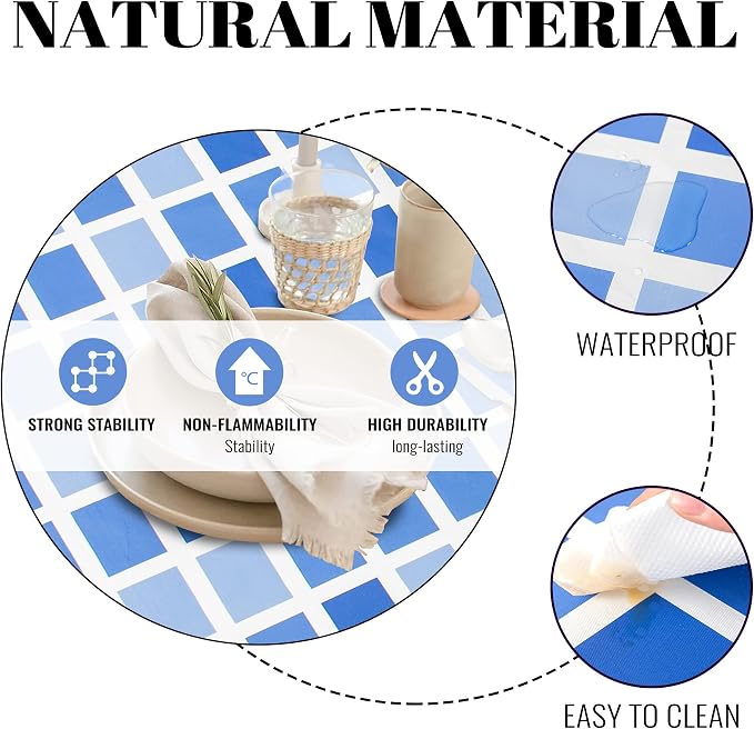 FIFTY FEET 84 * 60 Inch Rectangle Tablecloth, Vinyl Tablecloth with Flannel Backing for Rectangle Tables Waterproof, Plastic Picnic Table Cover for Dining Table/Buffet Parties/Camping(Blue Plaid) - Image 3