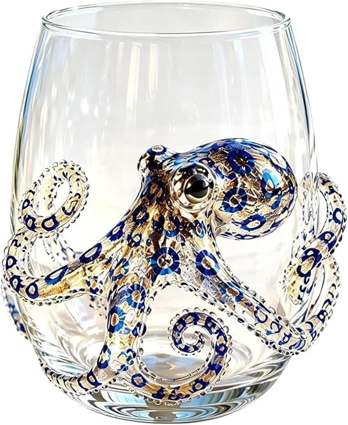 Ocean-Themed Blue Ringed Octopus Hand-Blown Glassware | Ocean-themed octopus glassware: hand-blown coastal stemless wine glasses for ocean lovers by Unknown