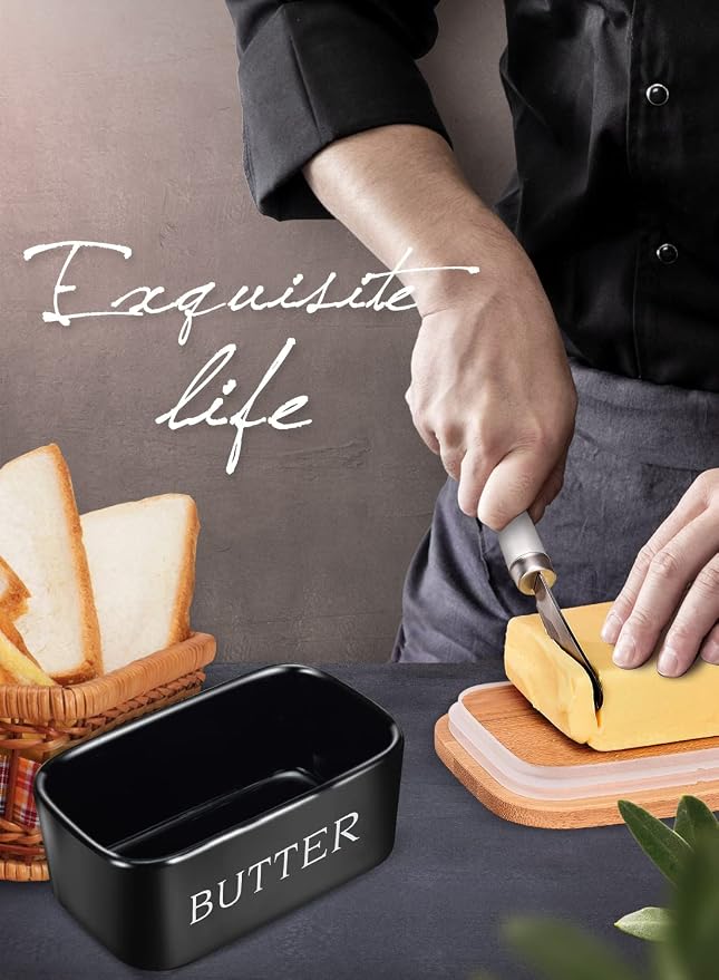 Ceramic Butter Dish with Lid and Knife & Silicone Seal 400ml 2 Pack Black | Suitable Capacity, Great Sealing, Home Decor Kitchen Gift Housewarming Gift - Image 6