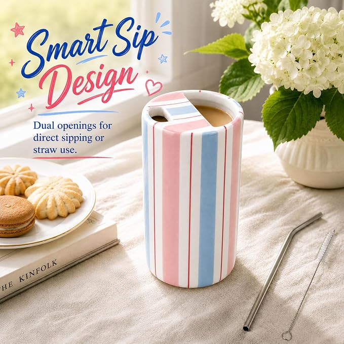 Large Ceramic Coffee Mug with Sip Hole, 17 oz Pastel Candy Stripe Ceramic Travel Mug Cup with Straw and Cleaning Brush for Kitchen Dining Travel Tea Milk Coffee Lovers Gift for Women - Image 4