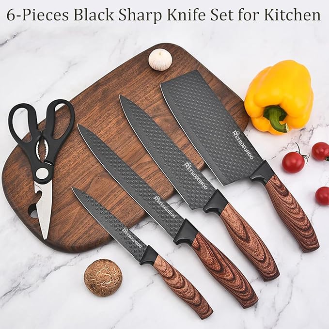Kitchen Knife Set, Retrosohoo 6-Pieces Khaki Sharp Knife Block Set for Kitchen, Non-stick Non-slip Stainless Steel Chef Knife Set with Universal Knife Block Suitable for Home Restaurant (Black) - Image 2