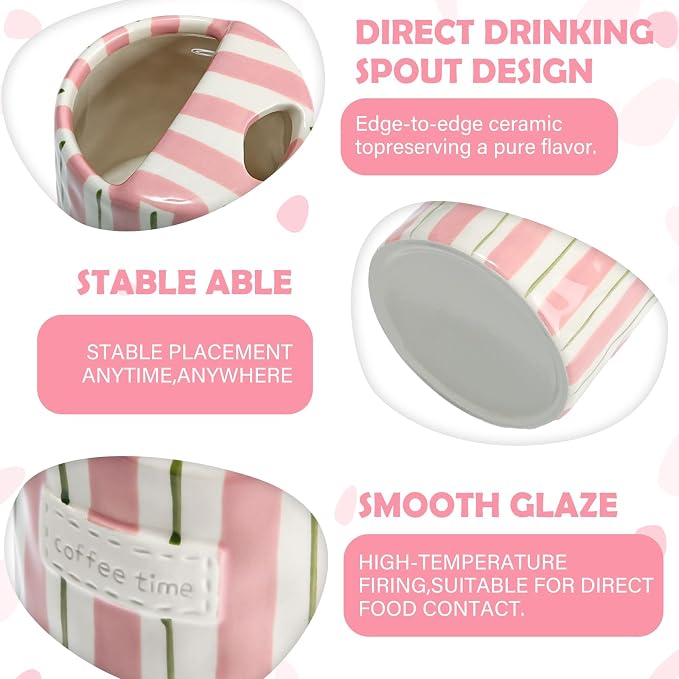1 Pack Ceramic Coffee Mug with Sip Hole Espresso Cup 10oz with Straws Retro Hand Painted Striped Ceramic Iced Coffee Tea Travel Mug Latte Cup for Kitchen Dining (Simple,Pink and Green) - Image 3