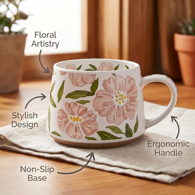 Ceramic Coffee Mug, 13oz Floral Design Pottery cute mugs, Ideal Gift for Women unique vintage pretty coffee mugs (Pink Bulky Flower Mug) - Image 5