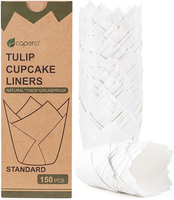 Caperci White Parchment Paper Tulip Cupcake Muffin Liners - European Non-stick Paper Baking Cups Cupacke Wrappers for Party, Wedding, Christmas, Birthday (150pcs) by Caperci