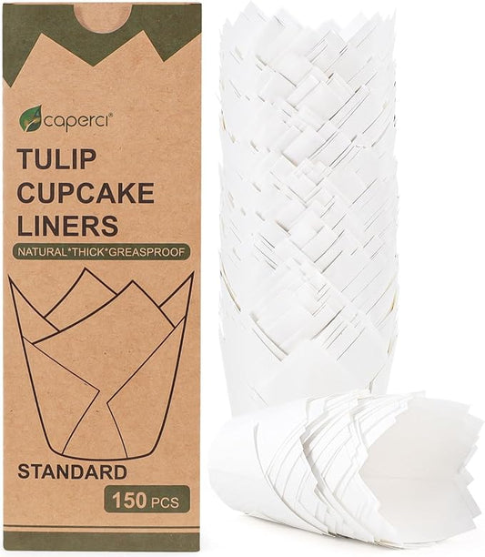 Caperci White Parchment Paper Tulip Cupcake Muffin Liners - European Non-stick Paper Baking Cups Cupacke Wrappers for Party, Wedding, Christmas, Birthday (150pcs) by Caperci