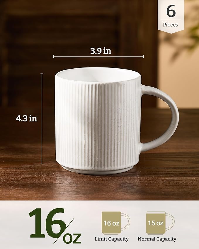 famiware Coffee Mug Set for 6, Star 16 oz Catering Mugs Cup Set with Handle for Coffee, Tea, Cocoa, Milk - Ceramic Stoneware Drinkware Set, Matte White - Image 3
