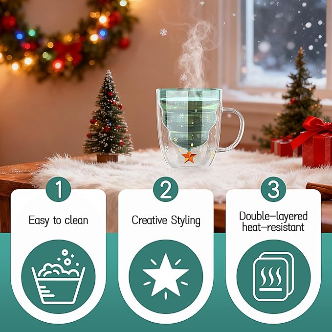 2 Pack Christmas Mugs, Double Walled Borosilicate glass mug set with Snowflake Lid, Cute Mugs for Hot Cocoa and Coffee, 300ml Christmas tree mugs Holiday Gifts for Family, Friend
