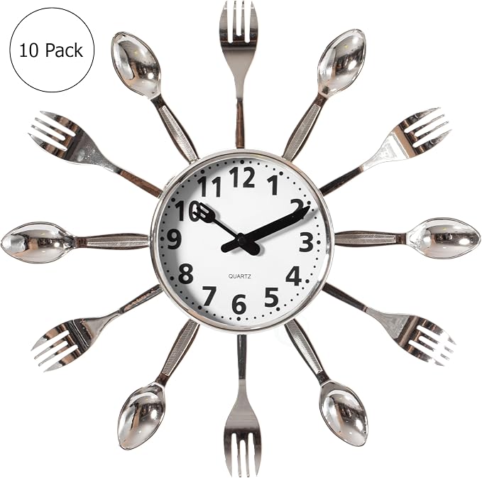 Clockswise Bulk Set of 10PC 14" Oversized Decorative 3D Cutlery Utensil Spoon and Fork Wall Clock, Silver Design for Vibrant Kitchen, Playroom, or Bedroom Decor, Battery-Operated Silent Sweep, - Image 4