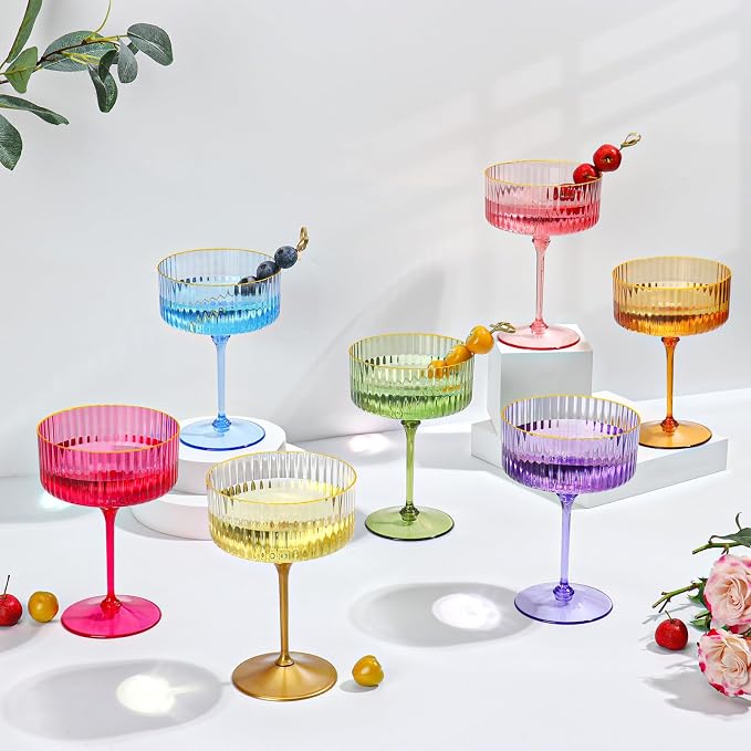 12 PCS Ribbed Coupe Glasses Amber Plastic Champagne Coupe Cup 10oz Detachable Gold Rim Espresso Martini Glass Vintage Margarita Glassware Cocktail Glass Disposable for Thanksgiving Wedding - Image 4