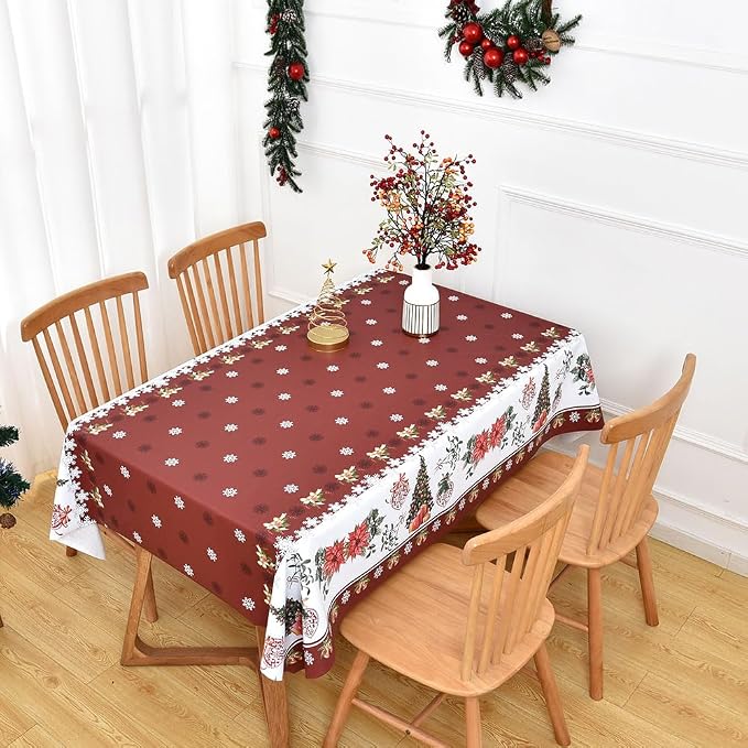 Christmas Table Cloth Rectangle Heavy Duty Vinyl Red Christmas Tablecloth Plastic Reusable Santa Tablecloth Wpieable Waterproof PVC Xmas Table Cover for Dining Party New Year(Red, 54"x72") - Image 8