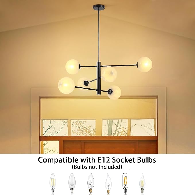 Mid Century 6-Lights Globe Milky Handcrafted Marble Glass Chandelier for Living Room Modern Black Chandelier Light Fixture Dining Room Chandelier Over Table Foyer Bedroom Kitchen Island - Image 3
