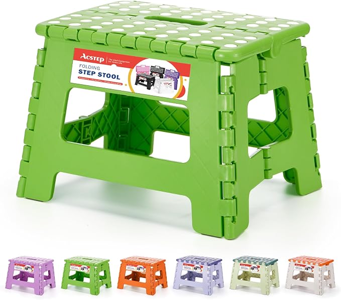 ACSTEP Folding Step Stool 9 Inch for Kids and Adults, 300 lbs, Green | Lightweight Plastic Small Foldable Step Stool with Handle, Non-Slip, for Kitchen, Bathroom, Bedroom and Closet by ACSTEP