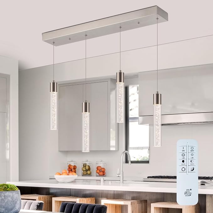 Pendant Light Kitchen Island with Remote Control & Dimmable, Modern Brushed Nickel Pendant Light Fixture for Dining Room 3000K/4000K/6000K by Bestwest