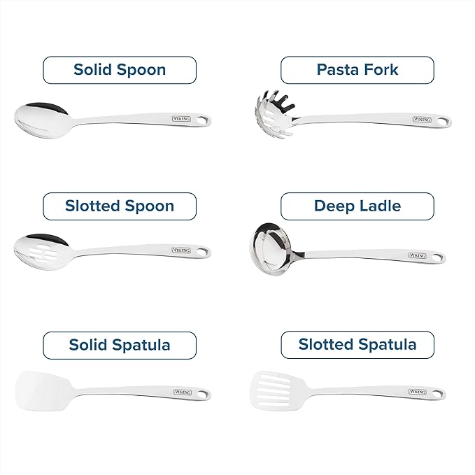 Viking Kitchen Utensils Set, 6 Piece Stainless Steel Cooking Utensil Set, Includes Spatulas, Spoons, Pasta Fork, and Deep Ladle, Hollow Forged, Silver - Image 5