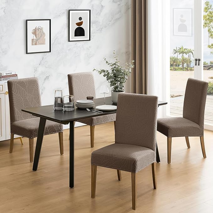 MOSAYT 100% Waterproof Dining Room Chair Covers Set of 4, Super Fit Stretch Jacquard Parson Chairs Slipcovers Removable Washable Chair Seat Protectors for Home, Kitchen, Banquet (Taupe - XL) - Image 2