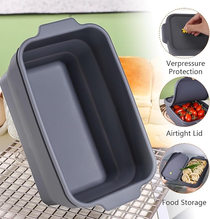 Silicone Collapsible Bread Loaf Pan with Lid – Flexible Foldable Baking Mold for Bread, Cakes, Brownies, and Cheesecakes, Easy Storage for Kitchen