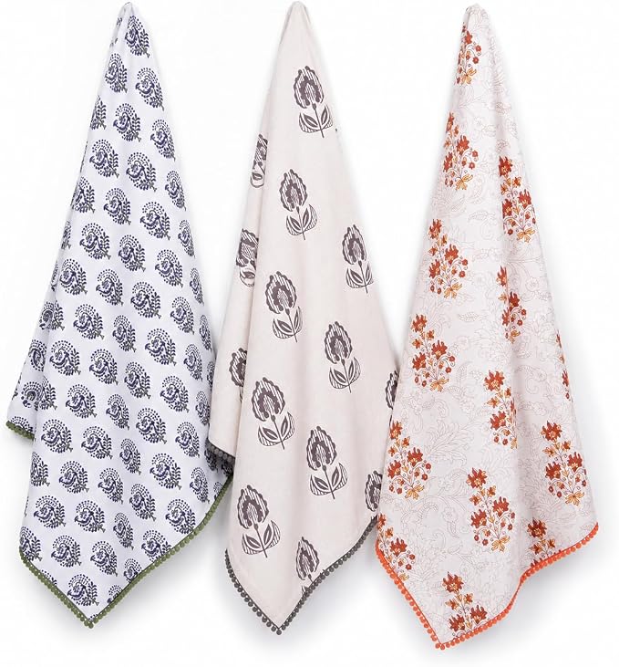 Printed Kitchen Dish Bar and Tea Towels Cotton, 18x28 inch with Trims, Cotton Dish Towel Sets (Multicolor Motif, Set of 3) - Image 2