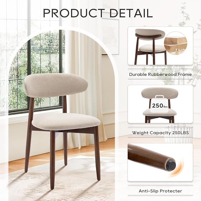 COLAMY Wooden Dining Chairs Set of 2, Modern Fabric Upholstered Kitchen Side Chairs, Farmhouse Dining Room Chair with Foot Pegs, Beige - Image 6