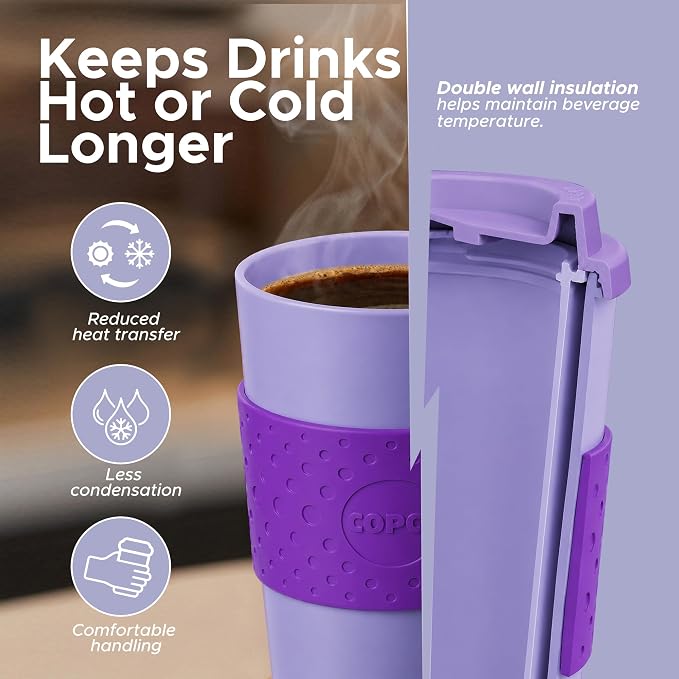 Copco Acadia Travel Mug, 16 Oz - Purple & Light Purple, Set of 2 | Reusable Double Wall Insulated Cup with Spill-Resistant Lid, Non-Slip Grip, Fits Car Cup Holders, Microwave & Dishwasher Safe - Image 3