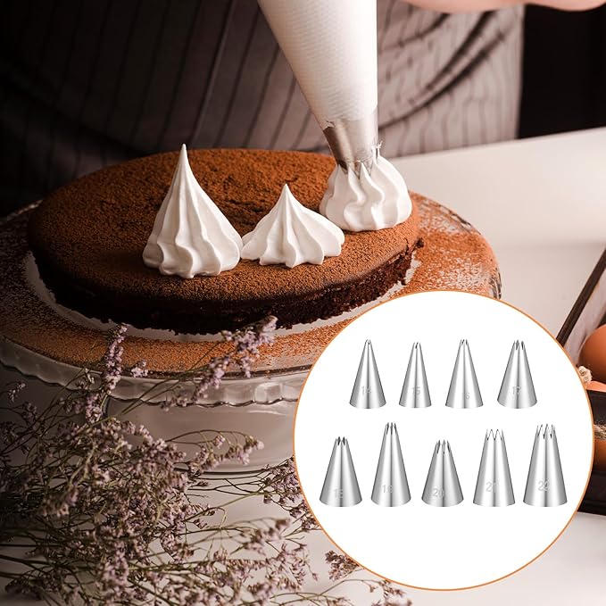 9Pcs Open Star Piping Tips Set, French Star Tube Set Frosting Nozzle Kit,Stainless Steel Star Pastry Tips for Cupcakes Cakes Cookies Decorating (Small Size)