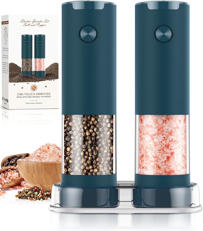 Electric Salt and Pepper Grinder Set Automatic Battery Pepper Mill Shakers Adjustable Coarseness Upgraded Larger Capacity with Led Home and Kitchen Appliances(Teal) by ioion