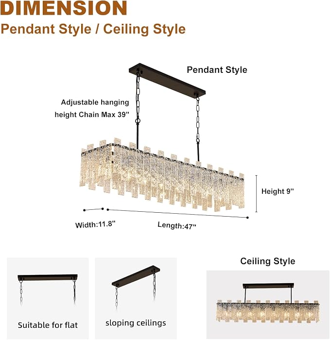 Modern Rectangular Crystal Chandelier, L47 inch Black Rectangle Water Ripple Glass Chandeliers Lighting, 8 Lights Linear Pendant Light Fixture for Kitchen Island, Living Room, Adjustable Hight - Image 5