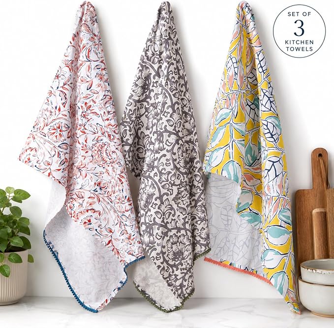 TARAN LIVING Printed Kitchen Dish Bar and Tea Towels Cotton, 18x28 inch with Trims, Cotton Dish Towel Sets (Multicolor, Set of 3) - Image 2
