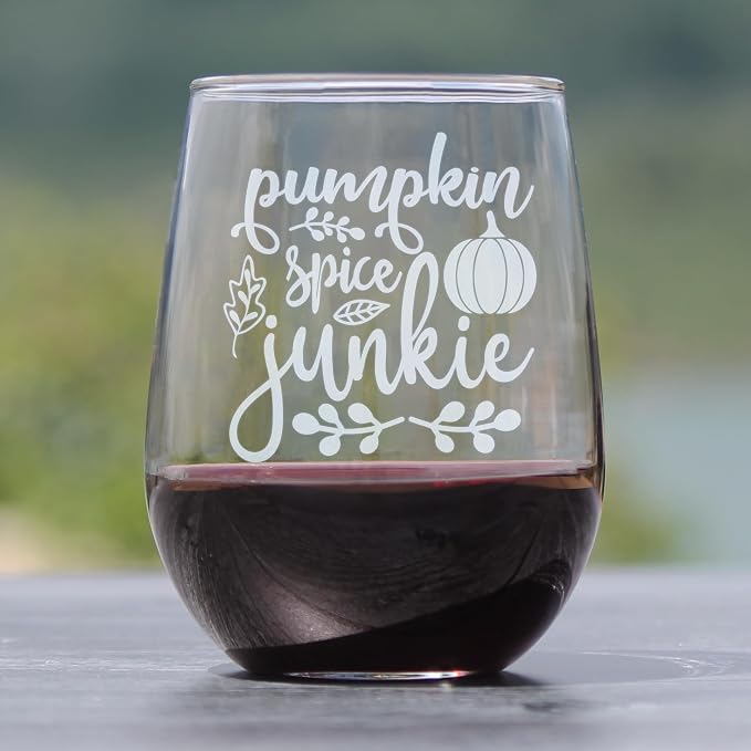 Pumpkin Spice Junkie 17oz Stemless Wine Glass, Hand Engraved Fall Glassware, Etched Autumn Leaves & - Image 2