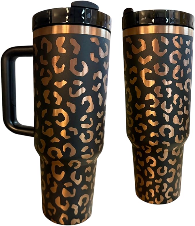 Western Engraved 40oz Tumbler, Tumbler with handle, Cowgirl Tumbler, Country Mug with Handle (Black/Rose gold(16)-Leopard(D32))