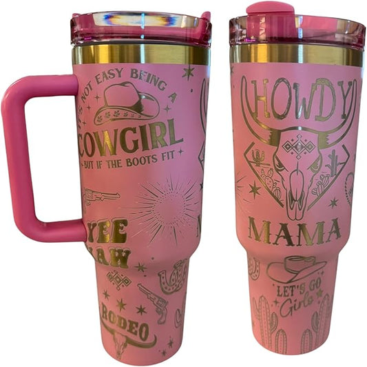 Tumbler, 40oz Tumbler, Western Tumbler, Engraved Cup with Handle, Cute Coffee Mug, 40oz Coffee Mug (Baby pink/Gold(28)-Howdy mama(E9))