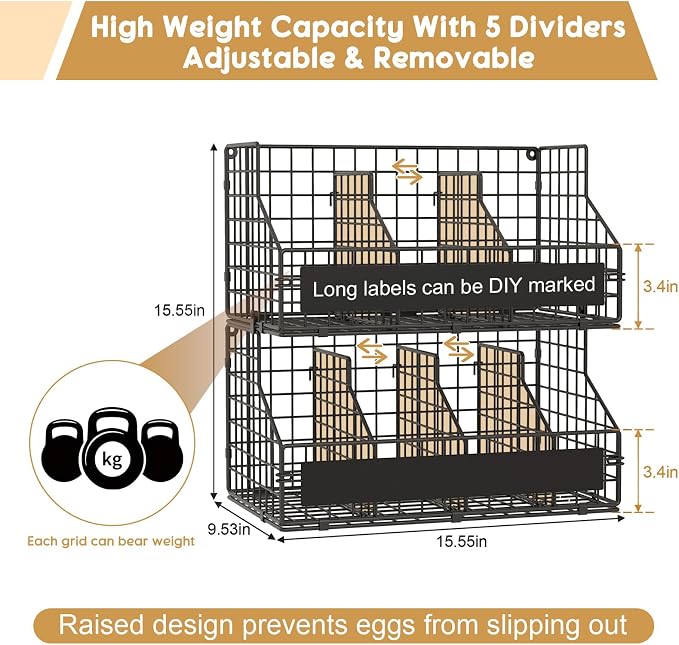 Egg Holder Countertop,Metal Egg Rack with Adjustable Dividers & DIY Labels | 2-Tier Stackable Wire Baskets, XXL Egg Basket for Gathering Fresh Eggs - Wall-Mounted Egg Storage, Chicken Coop Accessories - Image 4