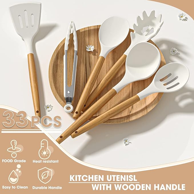Umite Chef Kitchen Cooking Utensils Set, 33 pcs Non-stick Silicone Cooking Kitchen Utensils Spatula Set with Holder, Wooden Handle Silicone Kitchen Gadgets Utensil Set (Cream White) - Image 7