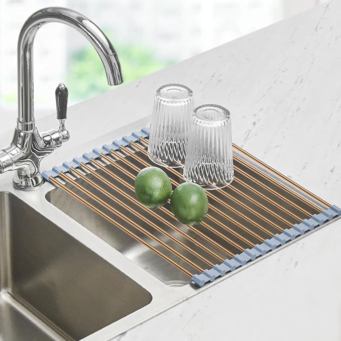Seropy Roll Up Dish Drying Rack Over The Sink Drying Rack for Kitchen Counter, Rolling Dish Rack Over Sink Mat, Foldable Dish Drainer Stainless Steel Rack Kitchen Organization Gold 17.5"x11.8" by SeropyDirect