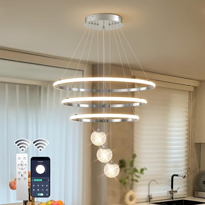 ORANOOR LED Modern 3 Ring Chandeliers, 24inch Dimmable Kitchen Pendant Lamp | Silver Dining Room Light Fixtures Ceiling Hanging Over Table, Globe Round Chandeliers for Living Room Dining Room, Chrome - Image 2