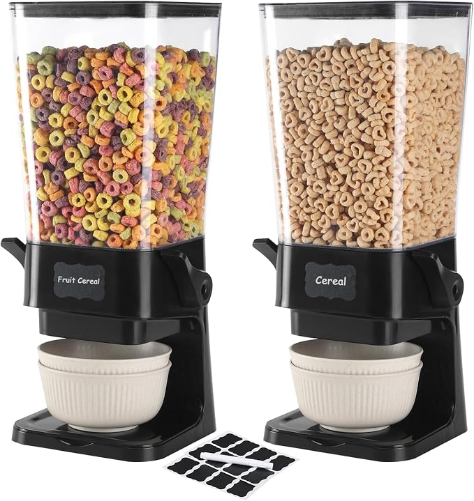 Cereal Dispenser Countertop with Cereal Bowls,16 Labels & Pen, Cereal Containers Storage, Candy Dispenser, Dry Food Dispenser For Pantry - Not Easy to Crush Food (Black, 2 Pack) by Unknown