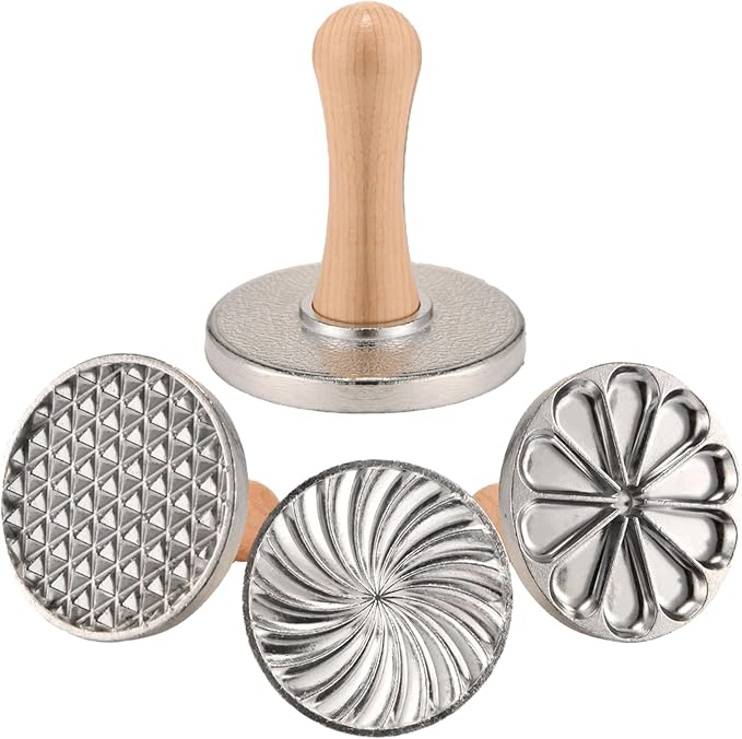 OPPEIN Cookie Stamps Set of 3, Metal Christmas Cookies Press Cutter Mold with Wooden Handle, Cookie Decorating Supplies for DIY Baking, Cake, Pastry,Christmas