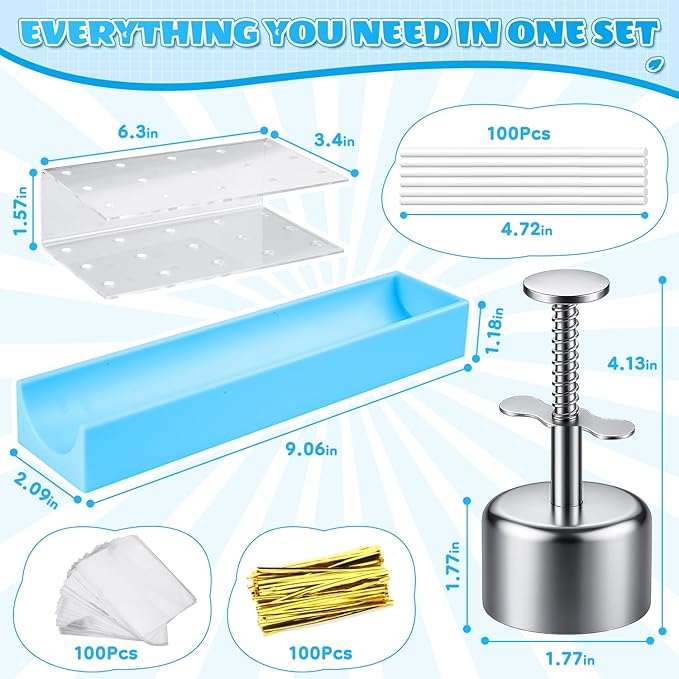 All-in-One Cake Pop Mold Set with 9 Inch Silicone Tray, Coinicxcel Stainless Steel Round Cake Pop Cutter and Pusher, Acrylic Stand, Sticks, Wrappers, Twist Ties, Baking Molds Kit for Christmas Gifts