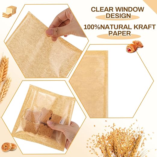 Outus 100 Pcs Cookie Packaging Bags with Seal, 5.7 x 6.5 Inch Bakery Pastry Bags with Window, Heat Sealable Grease Resistant Paper to Go Bake Sleeves for Gift Giving Donut Bread Sandwich (Brown) - Image 3