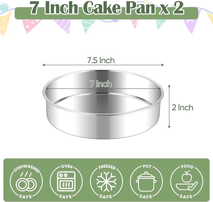 E-far 7 Inch Cake Pan Set of 2, Stainless Steel Round Baking Pans Tins Mold - Non-Toxic & Leak-Proof for Birthday Wedding Layer Tiered Cake, Easy Clean & Dishwasher Safe - Image 2