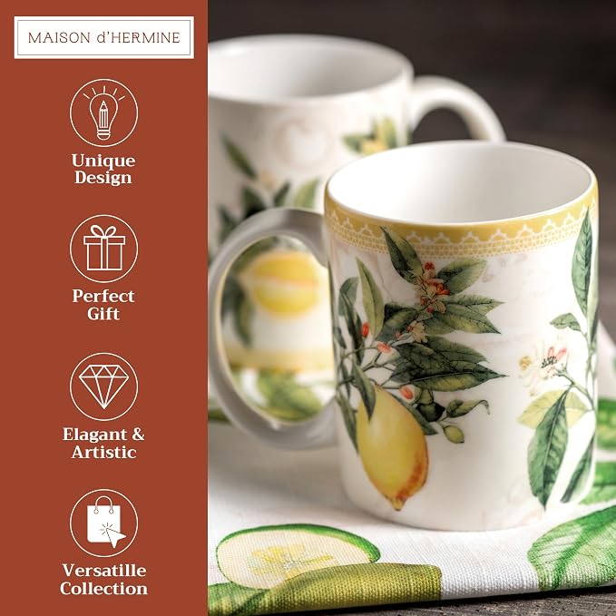 Maison d' Hermine Coffee Mug with Handles Tea Cups (15 Ounce, Pack of 2) | Fine Bone China Coffee Mugs for Hot Beverages Cappuccino Latte Home Restaurant Hotel Spring Summer -Limoncello - Image 2