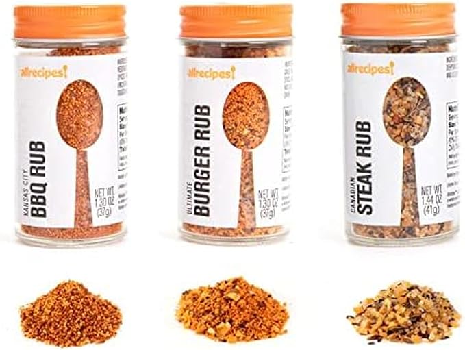 Allrecipes Essential BBQ Rubs (Canadian Steak, Kansas City BBQ, Ultimate Burger) in Glass Jars with Removable Sifter Caps for Sprinkling, Set of 3, Clear, 9.63 x 6.13 x 2-Inch by Allrecipes