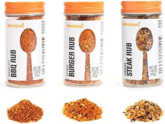 Allrecipes Essential BBQ Rubs (Canadian Steak, Kansas City BBQ, Ultimate Burger) in Glass Jars with Removable Sifter Caps for Sprinkling, Set of 3, Clear, 9.63 x 6.13 x 2-Inch by Allrecipes