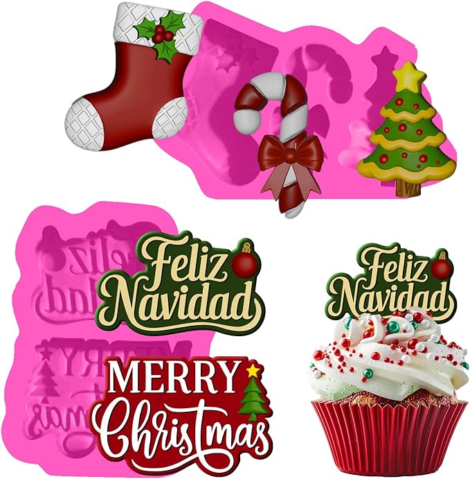 Christmas Silicone Molds Set – Tree, Stocking, Candy Cane & Holiday Phrases – Christmas Candle Molds,chocolate mold, Soap Molds, Wax Melts – Food-Grade Silicone – Reusable & Flexible
