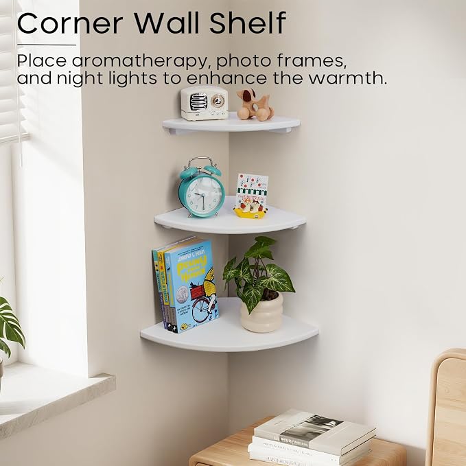 White Corner Shelf, Wall Mount Natural Oak Wood Floating Corner Wall Shelf Round End Small Corner Nightstand Plant Shelf for Bedroom, Kitchen, Living Room 14inch - Image 4