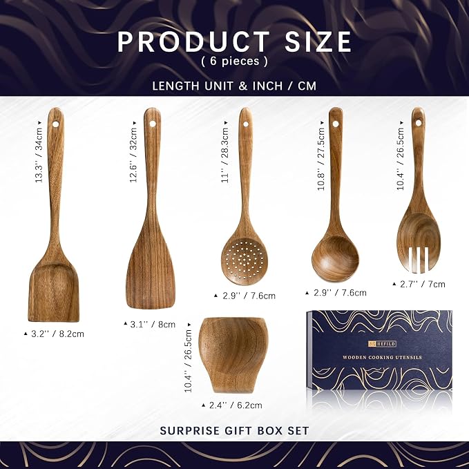 Wooden Spoons for Cooking, 6-Piece Acacia Wood Utensil Gift Set | Spoons and spatulas stir, mix, flip and serve; gift-ready box makes it ideal for housewarmings, weddings and new kitchens. - Image 2