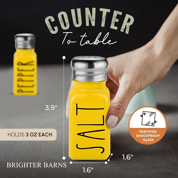 Yellow Salt and Pepper Shakers Set by Brighter Barns - Cute Kitchen Decor & Kitchen Accessories - Cute Glass Shakers - Farmhouse Decor for Home Restaurants Wedding Gift & Stainless Steel Lid (Yellow) - Image 4