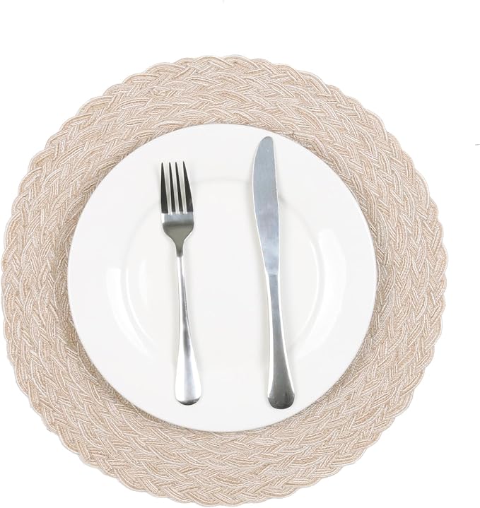 SHACOS Round Braided Placemats 15 inch Set of 6 Thick Boho Kitchen Table Placemats for Home Wedding Party (T-Beige, 6) - Image 6