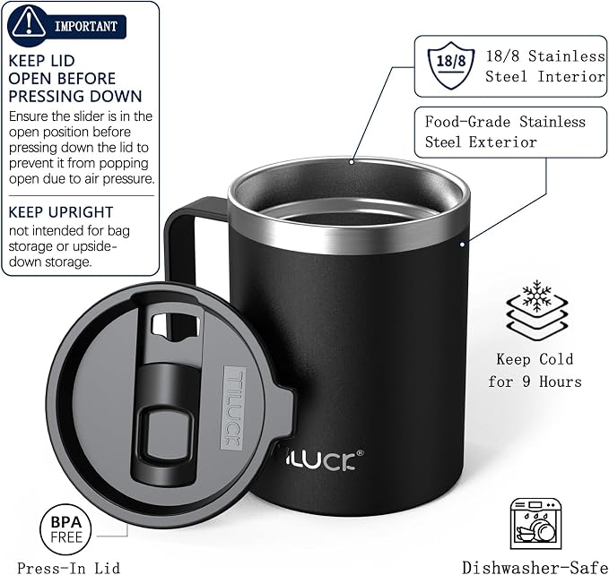 TILUCK 12 oz Insulated Coffee Mug with Lid and Handle | BPA-Free Lid, Double-Wall Vacuum Insulation, Stainless Steel Coffee Cup, Dishwasher Safe Mug for Hot & Cold Drinks,MatteBlack - Image 2
