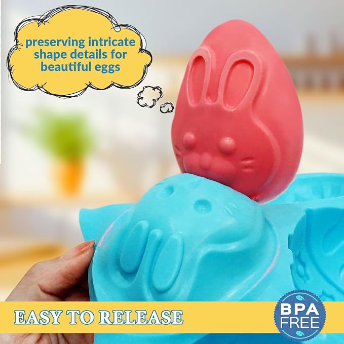 Egg Shape Silicone Molds 3.5 Inch, 2-Pack Chocolate Baking Holiday Easter Mould, Non-Stick BPA Free, Kid-Friendly Soap Mold Rabbit & Floral Designs, Blue & Pink - Image 2